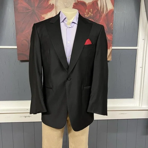 Jos A Bank Tuxedo Single Button Blazer Mens 41R Slim Fit Wool Black Ventless